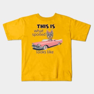 Cute Yorkshire Terrier Dog shopping in a classic pink car on Yorkie in Classic Car Kids T-Shirt
